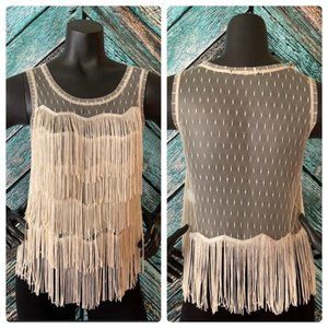 NWOT Swiss Dot Sleeveless Fringe Top S